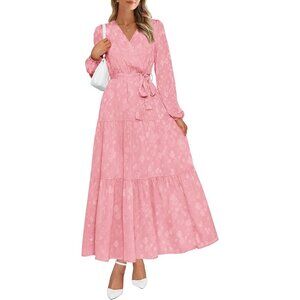 PrettyGarden Women Light Pink Polyester V Neck Long Sleeve Floral Maxi Dress